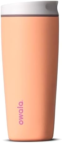 Owala SmoothSip Slider Insulated Stainless Steel Coffee Tumbler, Reusable Iced Coffee Cup, Hot Coffee Travel Mug, BPA Free 20 oz, Peachy Keen