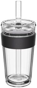 KeepCup Cold Cup - Longplay Double wall Glass Ice Coffee Tumbler with Lid and Straw - 16oz (454ml) - Black