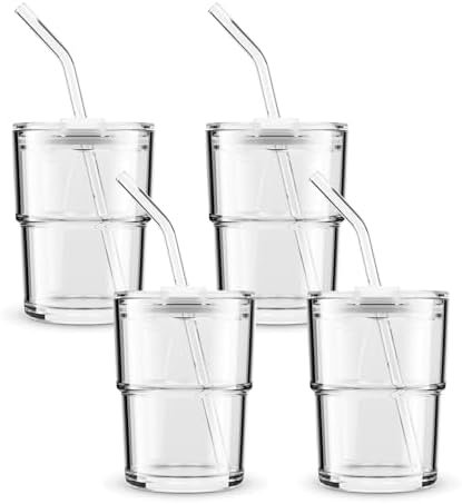 BLUEPOLAR 13 oz Tumbler Water Glass, Water Bottle with Straw and Dustproof Lid, Coffee Ice Cup Double Wall Insulated Glass Cup (White-4pack)