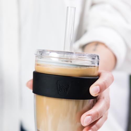 KeepCup Cold Cup - Longplay Double wall Glass Ice Coffee Tumbler with Lid and Straw - 16oz (454ml) - Black