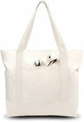 TOPDesign 1-Pack Canvas Tote Bag with an External Pocket, Reusable Grocery Shopping Bag, Top Zipper Closure, Daily Essentials (Natural)