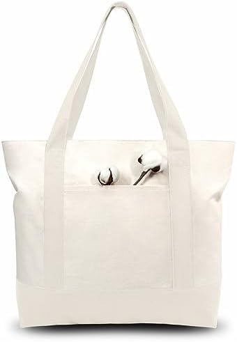 TOPDesign 1-Pack Canvas Tote Bag with an External Pocket, Reusable Grocery Shopping Bag, Top Zipper Closure, Daily Essentials (Natural)