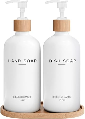 White Glass Hand and Dish Soap Dispenser Set by Brighter Barns - Kitchen Soap Dispenser Set with Tray - Glass Bottles for Kitchen Sink - Housewarming Gift, Countertop Decor, Boho Home Decor (White)
