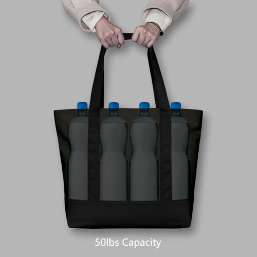 TOPDesign 3-Pack Canvas Tote Bags with an External Pocket, Reusable Grocery Shopping Bags, Top Zipper Closure, Daily Essentials (Black)