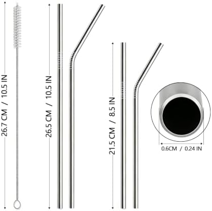 12 Pack Reusable Stainless Steel Metal Drinking Straws: 3 Bent + 3 Straight 8.5 in and 3 Bent + 3 Straight 10.5 in, Includes 2 Cleaning Brushes, Fits 20-30 oz Tumblers, Dishwasher Safe