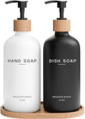 Luxury Glass Hand and Dish Soap Dispenser Set by Brighter Barns - Kitchen Soap Dispenser Set with Tray - Bamboo Pump Bottle for Kitchen Sink - Boho Home Decor, Modern Decor in Restaurant (Black/White)