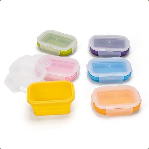 Collapsible Food Storage Containers with Lids, Small Silicone Snack Containers, Stackable Portion Control Containers, Mini Fridge Organizer, Microwave Freezer Dishwasher Safe, 6.5oz, 6 Pack