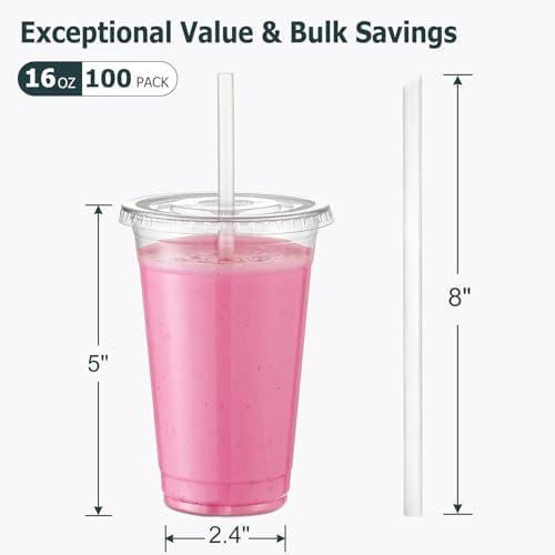 AOZITA [100 Sets] 16 oz Clear Plastic Cups With Lids and Straws, Disposable Cups With Lids for Iced Coffee, Smoothie, Milkshake and Cold Drinks (New-16-100)