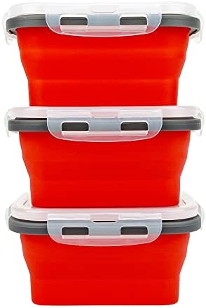 CCyanzi 3piece Collapsible Food Storage Containers with Lids, Silicone Lunch Container, Microwave & Freezer Safe, Space Saving for Kitchen Cabinet and Camping Backpack,(red gray)
