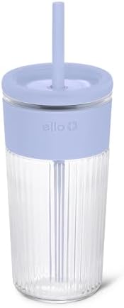 Ello Ava 18oz Glass Tumbler with Straw and Lid for Iced Coffee, Blueberry