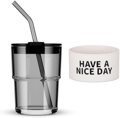 BLUEPOLAR 13oz/400ml Glass Water Tumbler with Straw and Lid Sealed Carry on Thick Wall Iced Coffee Cup for Water, Iced Tea, Fruit Juice (Have a Nice Day)