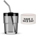 BLUEPOLAR 13oz/400ml Glass Water Tumbler with Straw and Lid Sealed Carry on Thick Wall Iced Coffee Cup for Water, Iced Tea, Fruit Juice (Have a Nice Day)