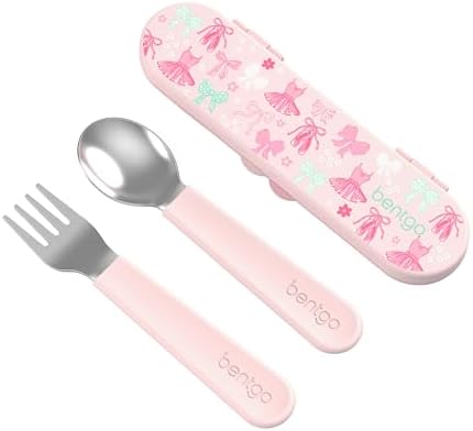 Bentgo Kids Stainless Steel Utensil Set - Reusable Fork, Spoon & Storage Case, PFAS- & BPA-Free, Easy-Grip Handles, Lightweight, Dishwasher Safe, School Lunch, Travel & Outdoors (NEW Ballet and Bows)