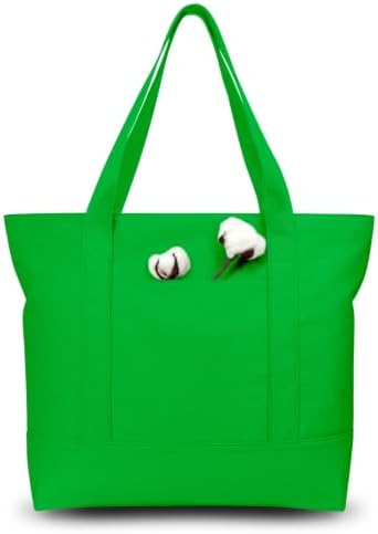 TOPDesign 6-Pack Canvas Tote Bags with an External Pocket, Reusable Grocery Shopping Bags, Top Zipper Closure, Daily Essentials (Lime Green)