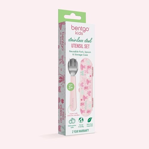 Bentgo Kids Stainless Steel Utensil Set - Reusable Fork, Spoon & Storage Case, PFAS- & BPA-Free, Easy-Grip Handles, Lightweight, Dishwasher Safe, School Lunch, Travel & Outdoors (NEW Ballet and Bows)