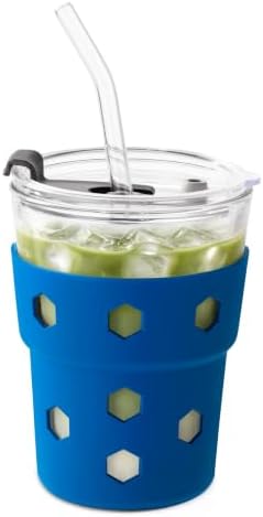 Mrsdry 12oz Iced Coffee Cup with Lids and Straws, BPA Free Reusable Glass Coffee Cups with Silicone Sleeves for Coffee, Iced tea, Thick Wall Glass Cup