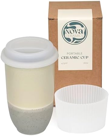 NOVA CERAMICS Travel Mug - Ceramic Coffee Mug With Lid – Microwave & Dishwasher Safe Coffee White & Grey Tumbler - Gifts For Women Men Him Her – 16oz – Mist