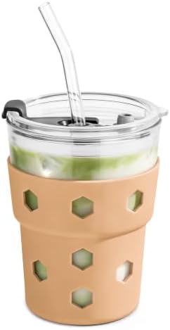 Mrsdry 12oz Iced Coffee Cup with Lids and Straws, BPA Free Reusable Glass Coffee Cups with Silicone Sleeves for Coffee, Iced tea, Thick Wall Glass Cup