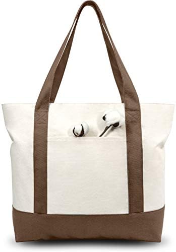 TOPDesign 3-Pack Canvas Tote Bags with an External Pocket, Reusable Grocery Shopping Bags, Top Zipper Closure, Daily Essentials (Brown/Natural)