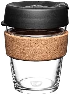 KeepCup Brew Cork, Reusable Glass Tumbler with Natural Cork, Tall Coffee Cup 12oz / 340ml - Black