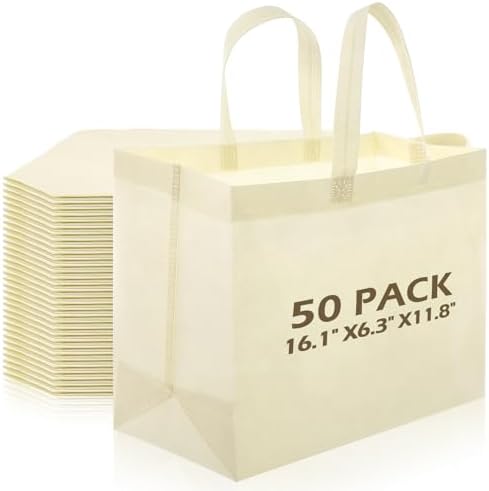 50 Pcs 50 Pcs Reusable Tote Bag with Handles Bulk 16.1'' X 6.3'' X 11.8'' Extra Large Non Woven Grocery Shopping Bags for Boutiques Retail Store(Beige)