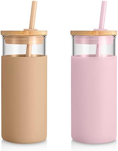 Tronco 20 oz Glass Tumbler with Lids and Straws, Reusable Iced Coffee Cups