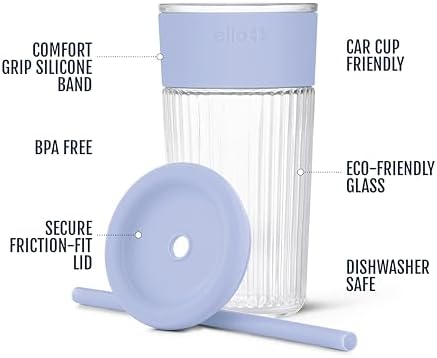 Ello Ava 18oz Glass Tumbler with Straw and Lid for Iced Coffee, Blueberry
