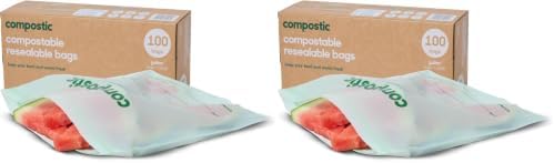 Compostic Compostable Gallon Bags (100 Count) Bulk Pack — Resealable Zip-Seal, Plant-Based, Home Compostable, Freezer Safe, BPA-Free, Non-Toxic, GMO-Free Food Storage Bags (Pack of 2)
