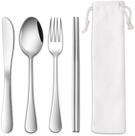 DEHOV Travel Utentils Set With Pouch,Reusable Portable Camping Silverware Set Knife Spoon Fork Chopsticks For Picnic,Travel Accessories Gadgets,Picnic Essentials