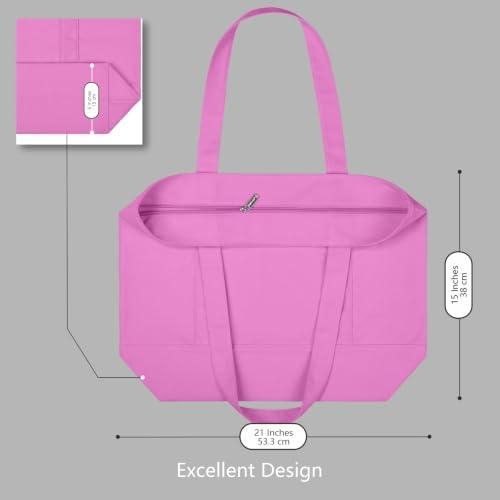 TOPDesign 6-Pack Canvas Tote Bags with an External Pocket, Reusable Grocery Shopping Bags, Top Zipper Closure, Daily Essentials (Light Purple)