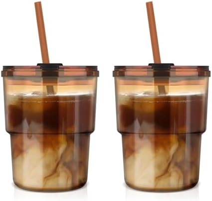 Luxfuel 13 oz Glass Cups with Lids and Straws Reusable Iced Coffee Tumbler
