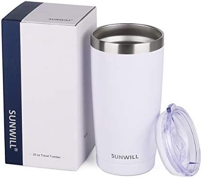 SUNWILL Travel Coffee Tumbler 20 oz, Insulated Mug with Lid, Stainless Steel Cup for Hot and Cold Drinks, Powder Coated White