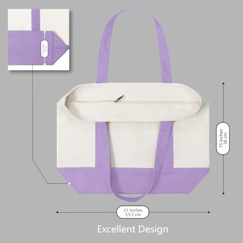 TOPDesign 3-Pack Canvas Tote Bags with an External Pocket, Reusable Grocery Shopping Bags, Top Zipper Closure, Daily Essentials (Lavender/Natural)