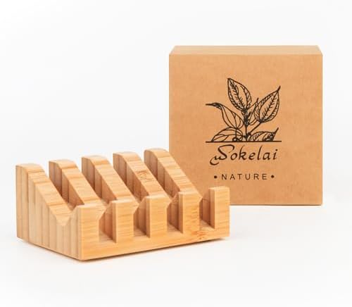 Shampoo Bar and Sponge Holders for Shower – Self-Draining Bamboo Soap Dish Tray, 2 Pack Wooden Soap Saver Racks for Conditioner Bars, Razor, Sink, Bathroom, Kitchen, or Travel