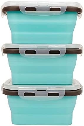 CCyanzi 3piece Collapsible Food Storage Containers with Lids, Silicone Lunch Container, Microwave & Freezer Safe, Space Saving for Kitchen Cabinet and Camping Backpack,(blue gray)