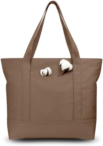 TOPDesign 6-Pack Canvas Tote Bags with an External Pocket, Reusable Grocery Shopping Bags, Top Zipper Closure, Daily Essentials (Brown)