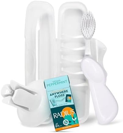 RADIUS Vacation Pastel Bundle, Includes Right Handed Big Brush with Replaceable Head, Toothbrush Travel Case, DOC Toothbrush Holder, Anywhere Travel Floss Packette, White, 4 Piece Bundle