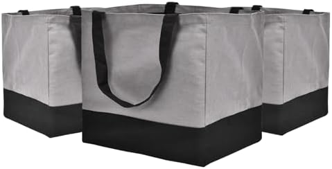 3 Pack Canvas Reusable Grocery Bags Heavy Duty, 8.3 gal Foldable Large Tote Bag with Handles, Holds 60 lbs Canvas Shopping Bags & Washable Eco-friendly Bags with 5 Pockets, Grey+Black