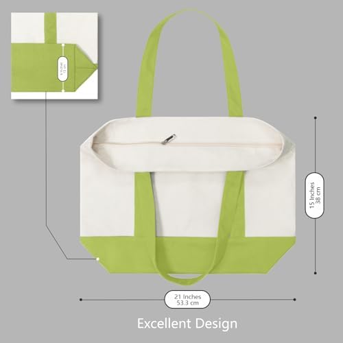 TOPDesign 6-Pack Canvas Tote Bags with an External Pocket, Reusable Grocery Shopping Bags, Top Zipper Closure, Daily Essentials (Light Green/Natural)