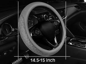 CAR PASS 3D Rhombus Memory Foam Leather Steering Wheel Cover Set, Comfortable Center Console Armrest Cushion Cover with Storage Bags Non-Slip Cup Coasters, 14.5-15in Car Interior Sets, 4 PCS All Gray