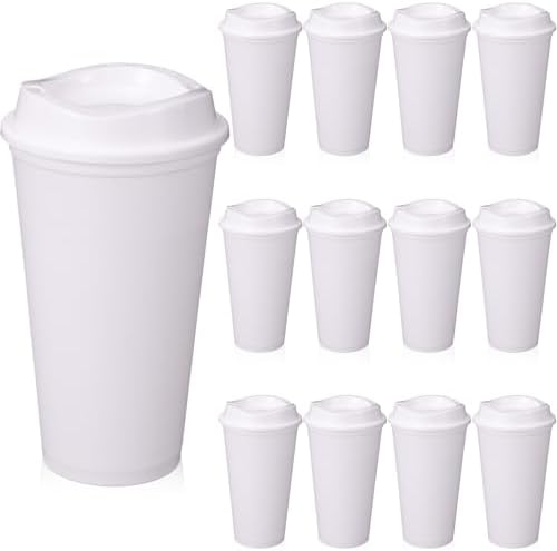 12 Pcs 16 Oz Reusable Coffee Cups with Lids - Plastic Travel Hot Cups Bulk Coffee Tumblers for DIY Hot Cold Drinks Party Favors Coworker (White)