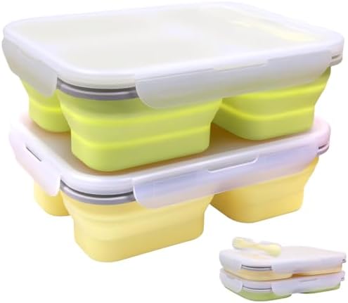 2 Pack Big Collapsible Silicone Bento Lunch Boxes With Lids spoons forks,3 Compartments, Divided Lunch Food Storage Containers, Safe in Microwave, Dishwasher and Freezer, 45.6oz (Yellow+Green)