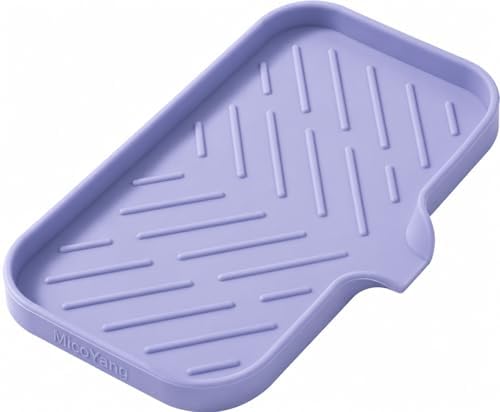 MicoYang Silicone Soap Dish with Drain Spout — Self-Draining Sink Organizer Tray for Bathroom & Kitchen, Sponges, Dispensers & Soap Holder, Non-Slip & Dishwasher Safe, Light Purple (Medium, 9.6"×5.3")