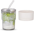 BLUEPOLAR 13oz/400ml Glass Water Tumbler with Straw and Lid Sealed Carry on Thick Wall Iced Coffee Cup for Water, Iced Tea, Fruit Juice (White with Protective Sleeve)
