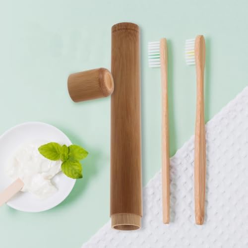 Bamboo Toothbrush Case Portable Travel Holder Round Tube Toothbrush Storage Box Lightweight for Hiking Camping Fits Standard Size Toothbrushes 2 Pack