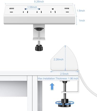 Jgstkcity Desk Clamp Power Strip,40W Total Fast Charging Station,2 PD 20W USB C Ports,Desk Edge Mount Surge Protector for Home, Office,3 Outlets,Fit 1.96" Tabletop Edge,ETL Listed,White