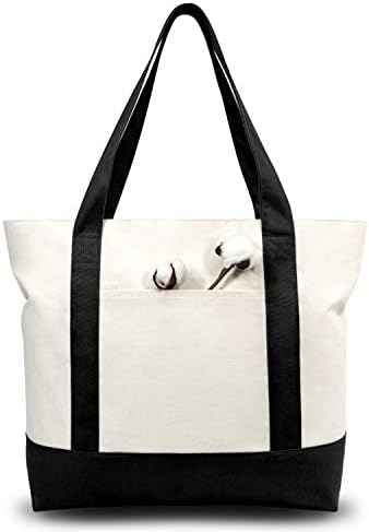 TOPDesign 3-Pack Canvas Tote Bags with an External Pocket, Reusable Grocery Shopping Bags, Top Zipper Closure, Daily Essentials (Black/Natural)