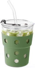 Mrsdry 12oz Iced Coffee Cup with Lids and Straws, BPA Free Reusable Glass Coffee Cups with Silicone Sleeves for Coffee, Iced tea, Thick Wall Glass Cup