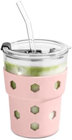 Mrsdry 12oz Iced Coffee Cup with Lids and Straws, BPA Free Reusable Glass Coffee Cups with Silicone Sleeves for Coffee, Iced tea, Thick Wall Glass Cup