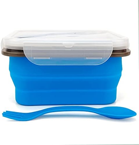 Small Silicone Collapsible Snacks Container with lid and 2 in 1 Spoon & Fork, Food Grade Silicone Bento Lunch Container, For Leftovers Meal Prep, Microwave/Freezer/Dishwasher Safe, 700ml